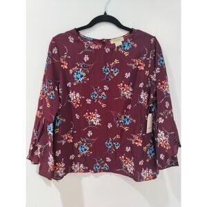 Passport Women’s XL Burgundy Floral Blouse Long Sleeve Ruffle Cuff Top